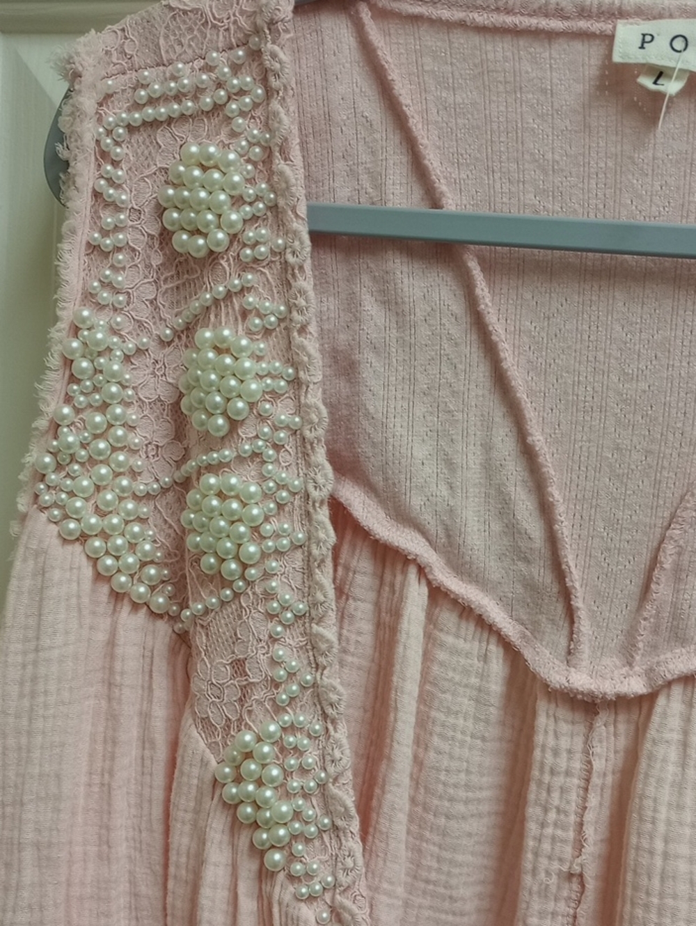 🩷POL BLUSH PINK LACE GAUZE COTTON SLEEVLESS CARDIGAN TUNIC EMBELLISHED PEARLS - Picture 5 of 16
